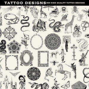 300+ Old School Tattoo Designs. Ink Sketch DIY Clipart Traditional Mystical Bundle Set Collection Hand drawn Minimalist