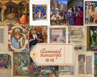May include: A collage of images depicting illuminated manuscripts. The images feature colorful illustrations of religious scenes, including a nativity scene, a saint, and an angel. The text "Illuminated Manuscripts 400+ Page" is displayed on a tag.