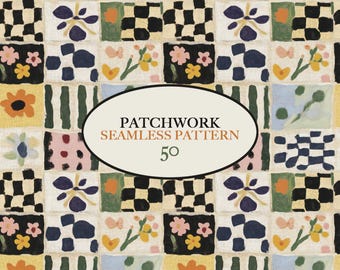 May include: A seamless patchwork pattern featuring a variety of colorful squares with floral, checkered, and striped designs. The text "PATCHWORK SEAMLESS PATTERN 50" is displayed in a white oval.