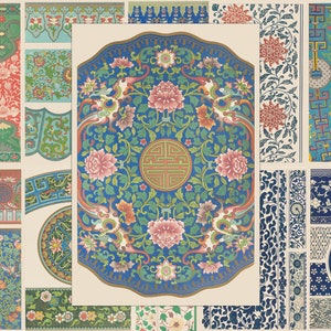 May include: A collection of 12 different Chinese-inspired patterns featuring floral motifs, geometric designs, and stylized birds. The patterns are in shades of blue, green, red, and white.