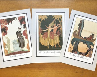 Conjunto de 3 láminas Art Déco, George Barbier, años 20, colores otoñales.