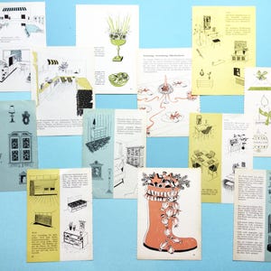 Páginas de diseño de interiores, gráficos de mediados de siglo, páginas de libros antiguos, juego de 12 páginas para collage, creación de tarjetas, diario basura, álbum de recortes.