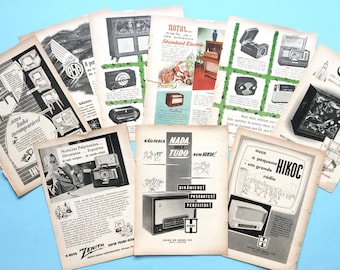 Anúncios de rádio e TV dos anos 1950 em revistas: gráficos retrô, tecnologia antiga (conjunto de 9)