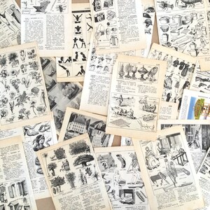 Franse woordenboekpagina's, Larousse geïllustreerd 1963, 'Lucky dip' set van 15 pagina's, collage, veranderde kunst, Junk journal supply.