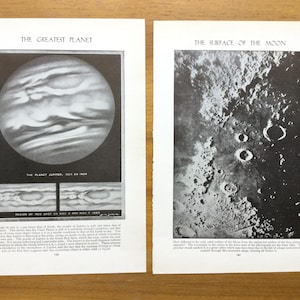 Vintage astronomieposter, Jupiter, maanlandschap, efemere ruimtevaart, kunst aan de muur astronomie.