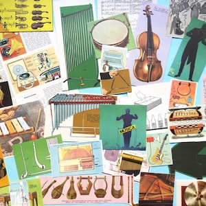 Muziekcollagekit, muziekinstrumenten, papieren ephemerapakket voor collage, journaling.