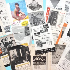 anúncios de fotografia vintage, câmera vintage, pacote de recordações de fotografia, diário de câmera, páginas de livros antigos, almanaque de fotos.