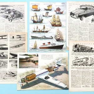 Páginas de livros antigos franceses, história do transporte, pacote de recordações do transporte, suprimentos para diários de sucata.