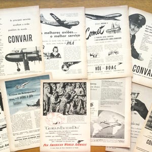 Vintage Fluglinien Werbung, alte Buchseiten, Fab 50s Werbegrafik, 12 Seiten für Collage, Reisetagebuch, veränderte Kunst.