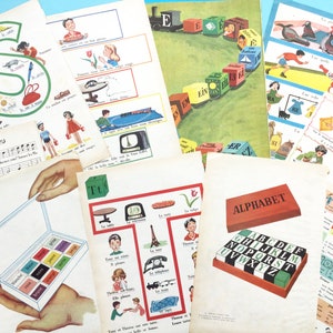 Páginas de livros infantis, pacote de recordações francesas vintage, material para aprendizagem precoce, diário ou colagem. Conjunto de 10 páginas.