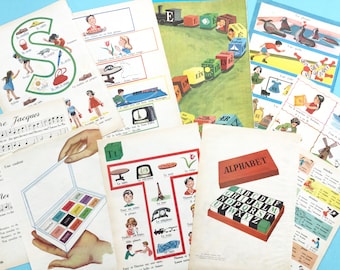 Vintage-Set französischer Sammlerstücke: Kinderbuchseiten für Collagen und Tagebucheinträge