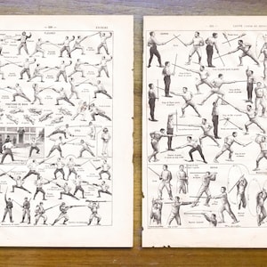 Antique French sport posters, sports ephemera, Fencing, Cane Fighting, vintage book pages, sport decor.