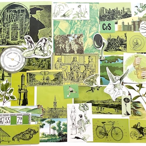 Könnte beinhalten: Eine Sammlung von Papier-Ephemera in Grüntönen mit Vintage-Illustrationen, darunter ein Barometer, ein Fahrrad, architektonische Skizzen, botanische Zeichnungen, Figuren in historischer Kleidung, eine Bingokarte und verschiedene dekorative Motive.