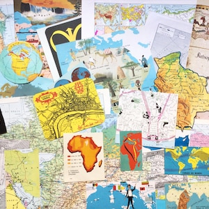 Pacote de restos de mapas, páginas de atlas vintage, itens de papel, kit de colagem, suprimentos para diário de lixo, pacote de scrapbook