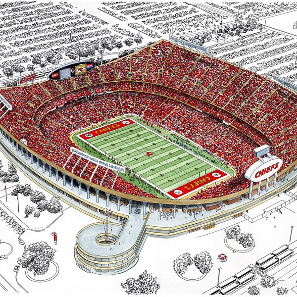 Kansas City Chiefs - Arrowhead Stadium LIMITED EDITION Pen and Ink and Watercolor Art Print Illustration by John Stoeckley