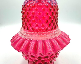 Fenton Cranberry Opalescent Hobnail 3-Piece Fairy Lamp Crimped Ruffled Base READ