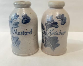 Rockdale Union steengoed potten mosterd en ketchup 1990 kobaltblauw set