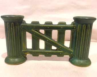 Roseville Rosecraft Matte Green Gate Fence Double Bud Vase Shape 46 1920s