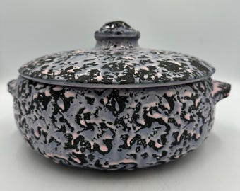 McCoy Pink Black Spongeware Covered Casserole Dish Vintage USA 12"