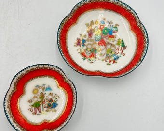 Vintage ARTA Austria geëmailleerde trinketschalen set van 2 kinderspeelgoed rood goud MCM