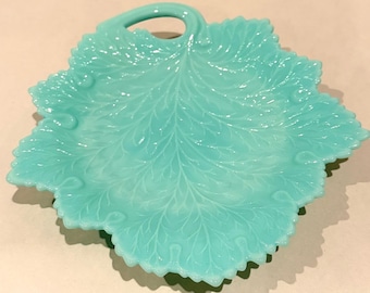 Fenton Turquoise Milk Glass Leaf Plate #5116 Handled Candy Dish Nappy 1950s