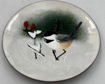 Norman Brumm Enamel on Copper 6" Chickadee Winter Plate Signed Michigan Artist