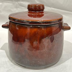 Vintage West Bend USA Brown Drip Glaze Stoneware Bean Pot with Lid c.1950s Chip