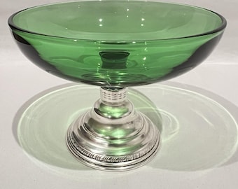 Antique British Solid Sterling Silver Pedestal Compote w/ Green Glass c1890–1910