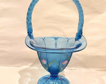 Fenton Twilight Blue UV Reactive Basket Hand Painted Tulips Signed C Griffiths
