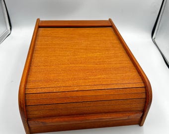 Kalmar Designs Solid Teak Tambour Roll Top Desk Organizer Large 5x10x14 MCM VTG