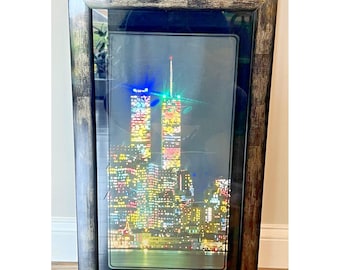 VTG 1970s Electric Art Light-Up NYC Skyline Twin Towers | New Italian Wood Frame