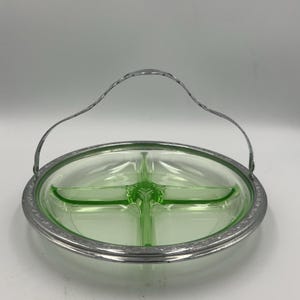 VTG Uranglas 4-teiliges Relish Dish w / Metal Caddy | 1930er Jahre
