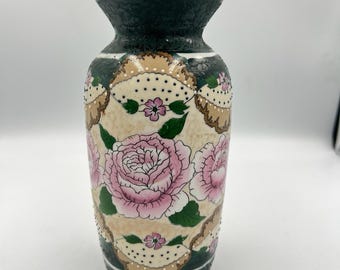 Vintage Hand Painted Cabbage Rose Ceramic Vase Gold Trim Crackle Glaze Cottage