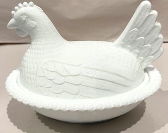 Vintage Indiana Glass Hen on Nest Covered Dish Milk Glass White Beaded Base 7"