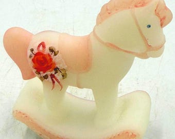 Fenton Satin Glass Rocking Horse Figurine Hand Painted Roses Signed Gherke 1980s