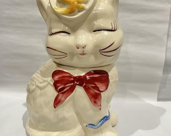 Vintage Shawnee Puss N Boots Cookie Jar Cat Red Bow Yellow Hat c1940s-1950s USA