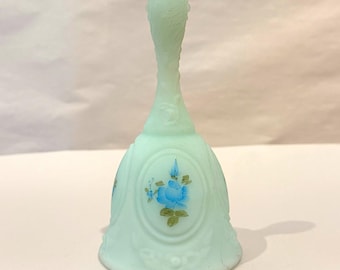 Fenton Blue Custard Satin Bell Hand Painted Roses Carol Evans 1978-1981