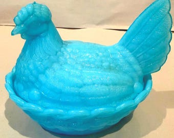 LG Wright Blue Milk Glass Hen on Nest Split Tail Covered Dish Basketweave