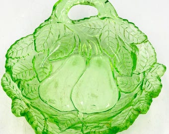Indiana Glass Sweet Pear Avocado Uranium Green Handled Nappy UV Reactive Glow