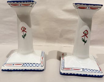 Tiffany & Co Lisbon Hand Painted Portugal Ceramic Candlestick Pair Folk Art