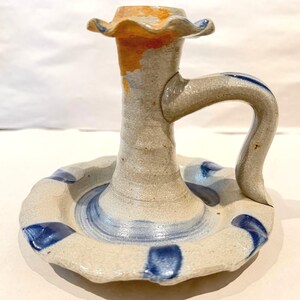 Rowe Pottery Works 1992 Salt Glaze Chamber Stick Candleholder Cobalt Floral