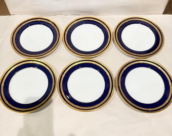 Conjunto de 6 pratos de salada Christian Dior Gaudron Lapis em cobalto com detalhes em ouro 24 quilates (CD) - Sem uso.