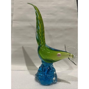Murano Art Glass Pheasant Sculpture Green Blue Sommerso Italy