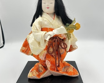 Vintage Japanese Ichimatsu Doll 9.5" Kneeling Kimono Girl Silk Gofun Ningyo