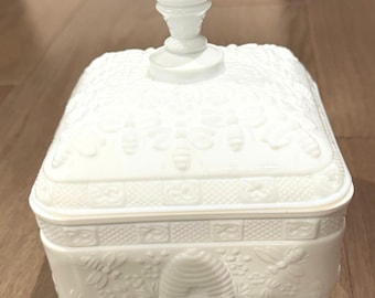 Indiana Glass Tiara Honey Bee Box Milk Glass Covered Candy Dish 1970s Beehive
