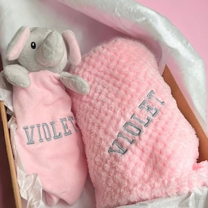 Baby-Mädchen-Geschenk, neugeborenes Babymädchen, personalisiertes Baby-Mädchen-Duschegeschenk, Baby-Elefantgeschenk, rosa Babytröster, Babydecke
