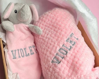 Baby girl gift, new born baby girl hamper,  Personalised baby girl shower gift, Baby Elephant gift,pink baby comforter, baby blanket