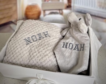 Personalisierte Babydecke Geschenkset, grauer Elefant, grauer Tröster, neues Babygeschenk, Geschenk für Baby