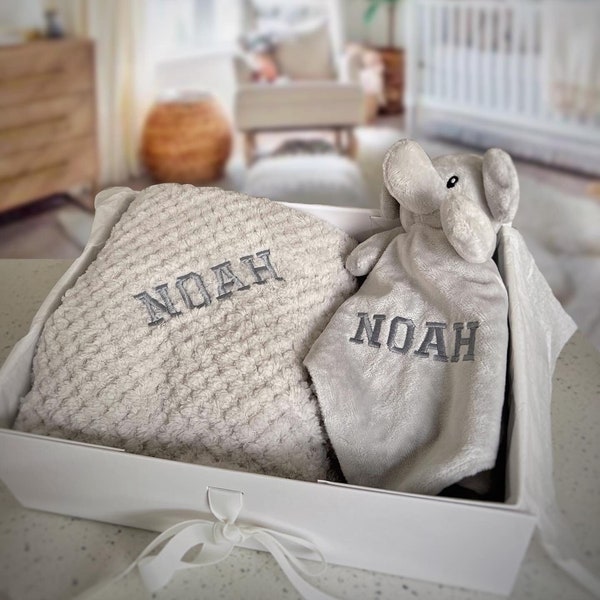 Personalized Baby Blanket Gift Set, Grey Elephant, Grey Comforter,New Baby Gift, Gift for Baby