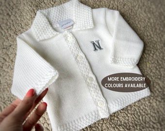 Personalised white Baby cardigan, White Knitted Cardigan, Newborn white cardigan, white christening cardigan, baptism cardigan